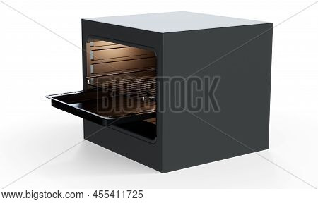 An Open Empty Household Kitchen Oven With A Brushed Metal Finish And Modern Illuminated Dials On An 