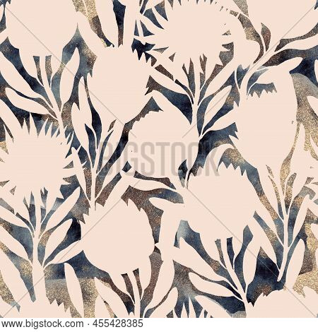 Seamless Pattern With Hand Painted Watercolor Golden Texture And Abstract Protea Flowers Silhouette.