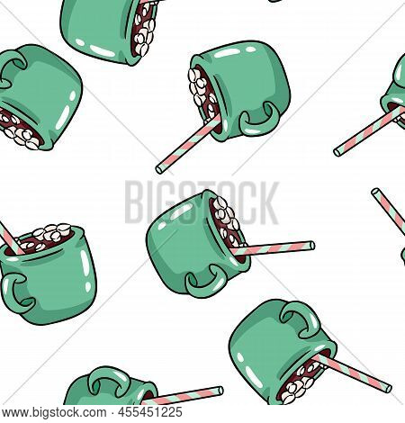 Cute Cartoon Mug With Cocoa And Marshmallow Doodle Doodles Seamless Border Pattern. Vector Repeatabl