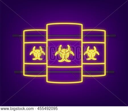 Barrels Of Biohazard Waste, Radioactive Waste Neon Icon On Dark Background. Vector Stock Illustratio