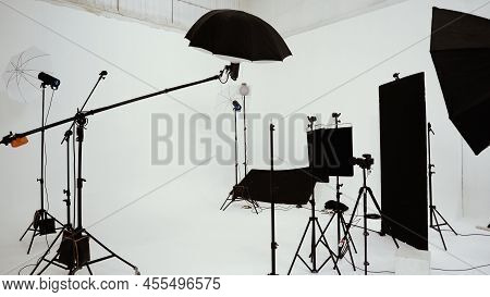 Studio Video Production Lighting Set. Behind The Scenes Shooting Production Set Up