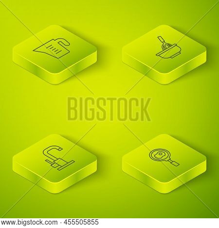 Set Isometric Line Kitchen Whisk With Bowl, Water Tap, Fried Eggs On Frying Pan And Measuring Cup Ic