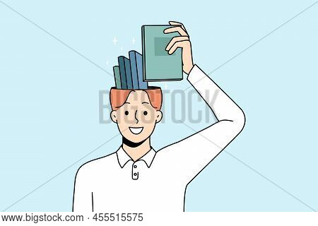 Smiling Man Put Book In Head Remembering. Happy Wise Guy Take Textbook From Brain Showing Excellent 