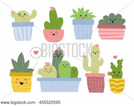 Set Of Cute Cactuses, Potted Plants With Funny Faces. Collection Of Colourful Cacti, House Plants In