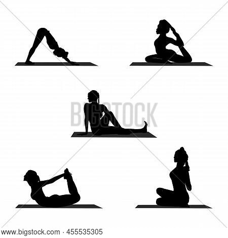 Set Of Silhouette Woman Different Yoga Pose Flat Illustration