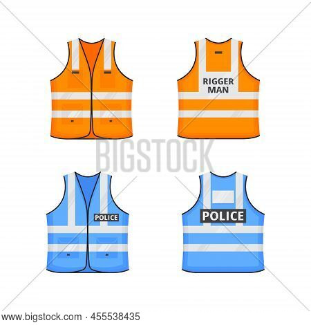 Safety Reflective Vest With Labes Tag Flat Style Design Vector Illustration Set. Orange And Blue Flu