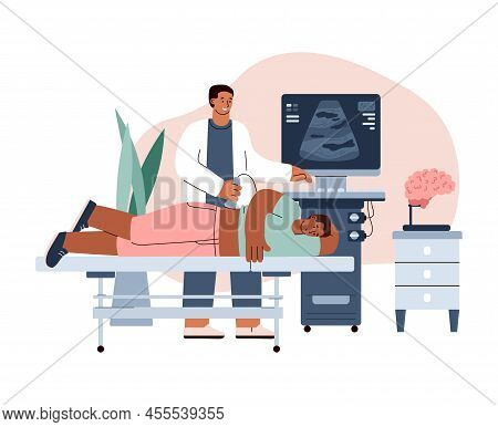 Doctor Doing Ultrasound Diagnostic For Patient Flat Vector Illustration Isolated.