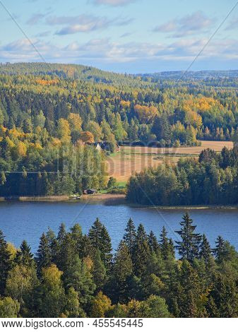 Panorama From Top Of Aulanko Lookout Tower Near The Finnish Town Hamenlinna: Forests, Lake, Colorful