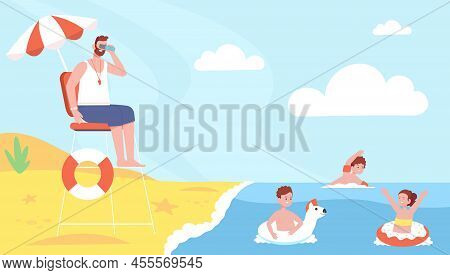 Lifeguard Watching Kids. Beach Lifesaver On Tower, Safety Rescuer Help Drowning Children Lifebuoy Sw