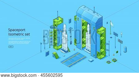 Spaceport Isometric Set With Rocket On Cosmodrome With Hangar And Launchpad. Vector Horizontal Banne
