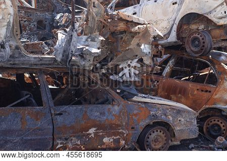 Rusty Burnt Cars In Irpen, After Being Shot By Russian Military And Missile. Russia\'s Invasion. War