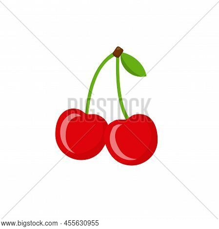 Cherry Cartoon Style. Ripe Red Cherry Berries With Green Leaf Isolated On White Background. Vector S