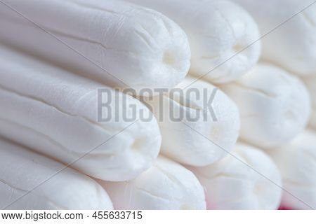 Medical Female Tampon Close Up. Hygienic White Tampon For Women. Cotton Swab. Menstruation, Means Of