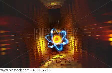 Atom. 3d Illustration Of An Atomic Reactor. Basis Of Universe. Study Of Structure Of Universe. Hadro