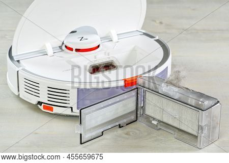 Tallinn, Estonia - March 03, 2022: Xiomi S7robot Vacuum Cleaner Water Tank Removed And The Filter Li