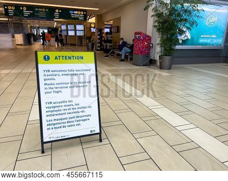 Vancouver, Canada - January 15,2022: View Of Sign Yvr Welcomes Fully Vaccinated Travellers At Vancou