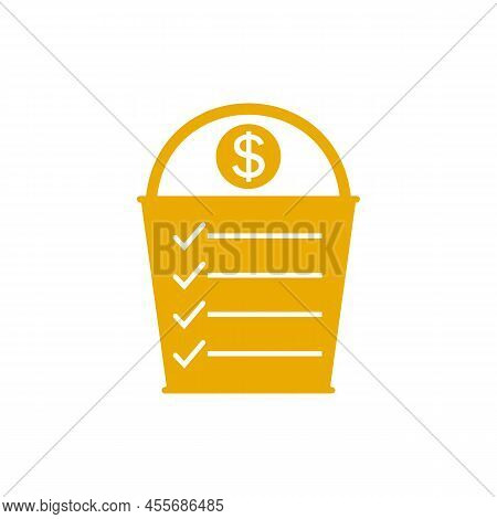 Golden Bucket List Icon With Money. Vector Illustration On White Background.