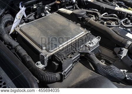 Modern 170hp Diesel Engine, Two Visible Plugs Connected To The Main Unit Located In The Engine Compa