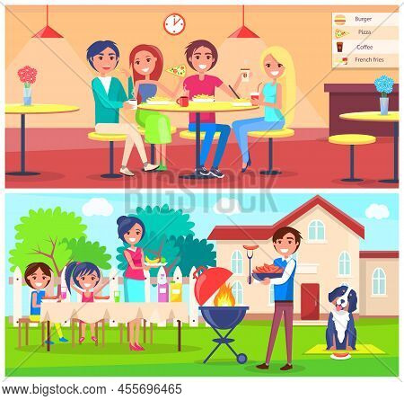 Friends Eating Pizza In Cafe And Grilling Bbq In Garden Near House. Vector Happy Couples Having Snac