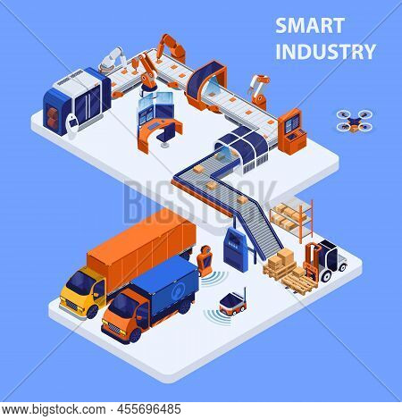 Smart Industry Isometric Concept With Technology And Manufacture Symbols Vector Illustration