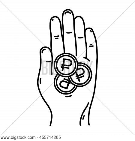 Hand Holding Coins Vector Icon. Financial Operation Sketch - Buy, Sale, Credit. Human Palm With Rubl