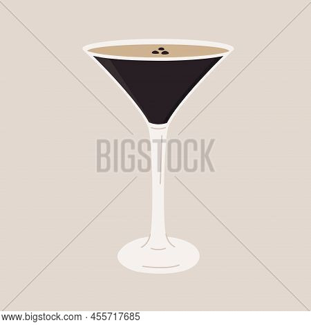 Espresso Martini Cocktail In Glass Garnished With Coffee Beans. Aperitif Drink With Alcohol. Alcohol