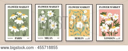 Set 1970 Daisy Flowers Market Poster. Abstract Floral Illustration. Poster For Wall Art, Banner, Bac