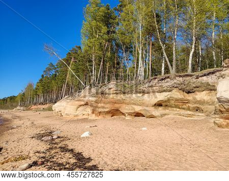 Veczemju Klintis, Veczemju Cliffs On Baltic Sea Near Tuja, Latvia. Beautiful Sea Shore With Limeston