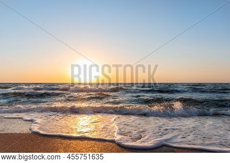 Scenic Panoramic View Of Bright Warm Red Orange Dramatica Sunrise Or Sunset At Early Morning Over Sa