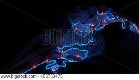 Overview Of A Winding Hiking Trail Through The Mountains With Waypoints - 3d Illustration