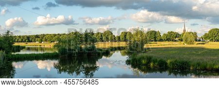 Panorama Of Markdal Nature Reserve Nearby The City Of Breda, View Of River Mark And The Church Of Ul