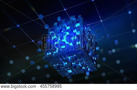 Digital World. Blocks Of Information Collected In A Nanostructure. Abstract 3d Illustration. Blockch