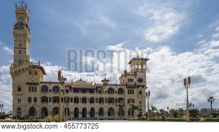 An Old Montazah Palace In The Park Of Alexandria. Galleries, Arches Are Visible. Tall Graceful Tower