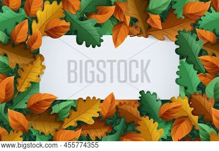Autumn Banner With Fall Foliage. Vector Cartoon Poster With Blank White Copy Scape And Frame Of Yell