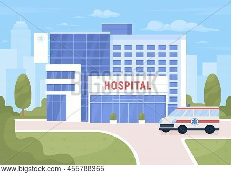 Ambulance Near Hospital On City Street Flat Color Vector Illustration. Professional Medical Service.