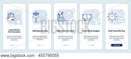 Road Trip Advices Light Blue Onboarding Mobile App Screen. Car Travel Walkthrough 5 Steps Editable G