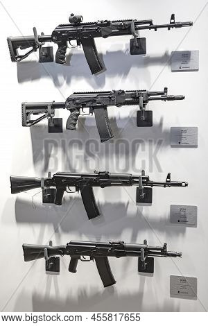 Moscow Region, Russia - August 25, 2020: A Stand With Various Models Of A Kalashnikov Assault Rifle 