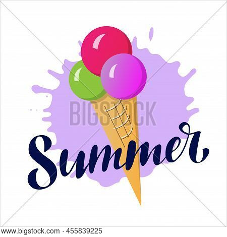 Summer. Vector Illustration With Hand Lettering. Dark Blue Calligraphy Letters With  Green Lilac Inn