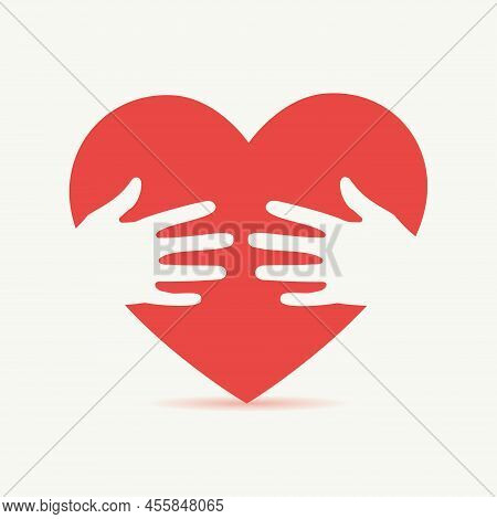 Hugging Heart, Hands Holding Heart, Charity Icon, Love Yourself, Concept Of Volunteers. Vector Illus