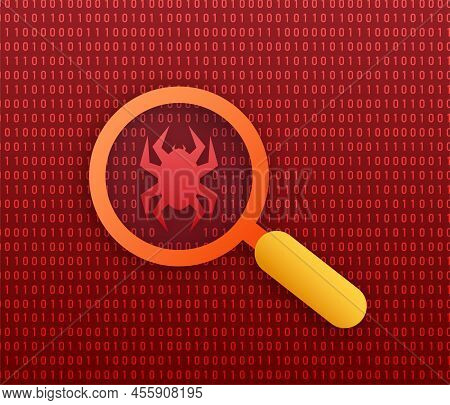 Search, Find Bugs And Virus. Magnifying Glass Scanning. Antivirus Protection. Vector Stock Illustrat