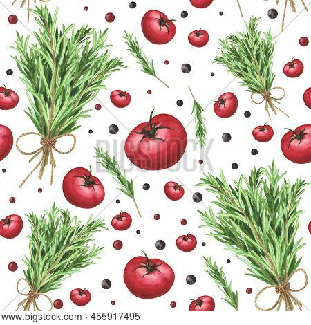 Fresh Rosemary, Tomatoes, Pepper Seamless Pattern On White. Watercolor Hand Drawing Illustration. Ar