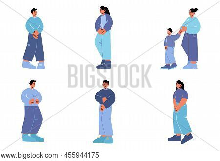 People Need Toilet Isolated Set. Men, Women And Kids Want To Pee Or Poop Feeling Discomfort In Stoma