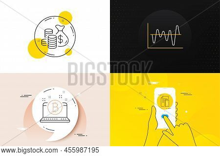 Minimal Set Of Coins Bag, Bitcoin And Payment Line Icons. Phone Screen, Quote Banners. Stock Analysi