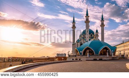 Kazan At Sunset, Tatarstan, Russia. Kul Sharif Mosque Inside Kazan Kremlin, Landmark Of City In Summ