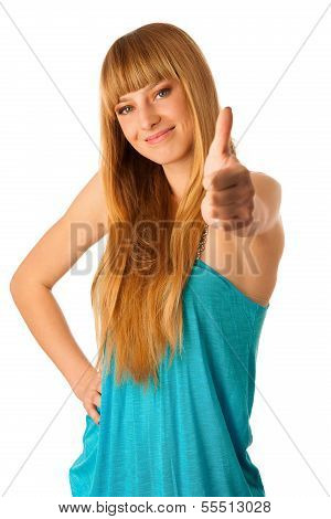 Beautiful Blonde Teenage Girl Showing Thumb Up As A Sign Of Allright Situation And Success