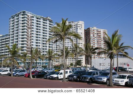 Parked Vehicles And Palm Trees Against Residential Complexes