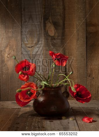 Poppies in  clay pot against  old  wooden wall
