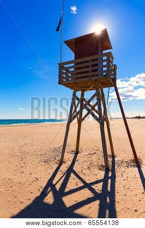 Canet de Berenguer beach in Valencia lifeguard house at mediterranean Spain