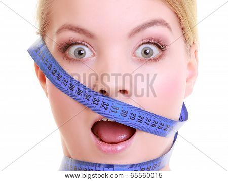 Obsessed Girl With Violet Measure Tapes Around Her Head