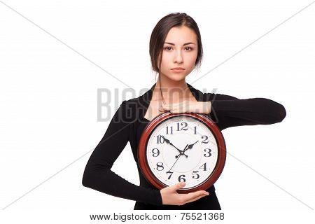 Concept for lateness, woman with clock